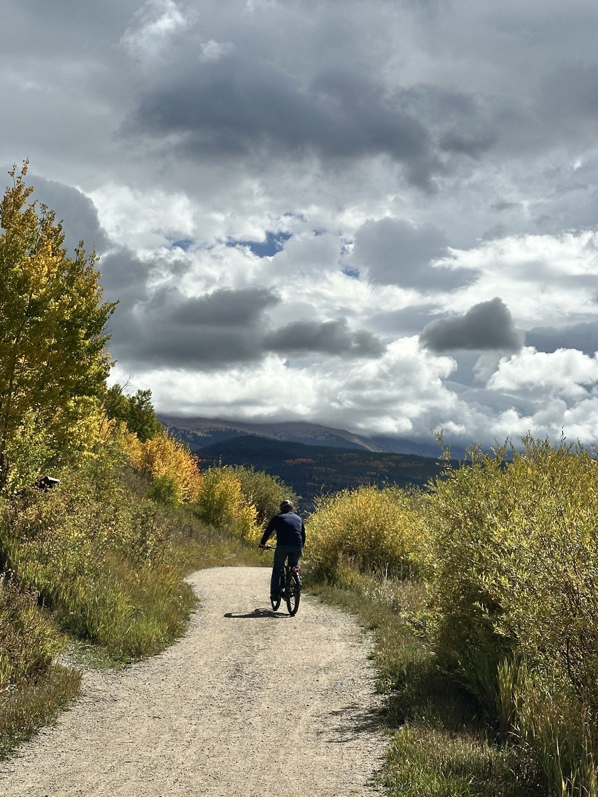 Cyclist on a gravel path toward the mountains with fall aspens near Fraser, Colorado