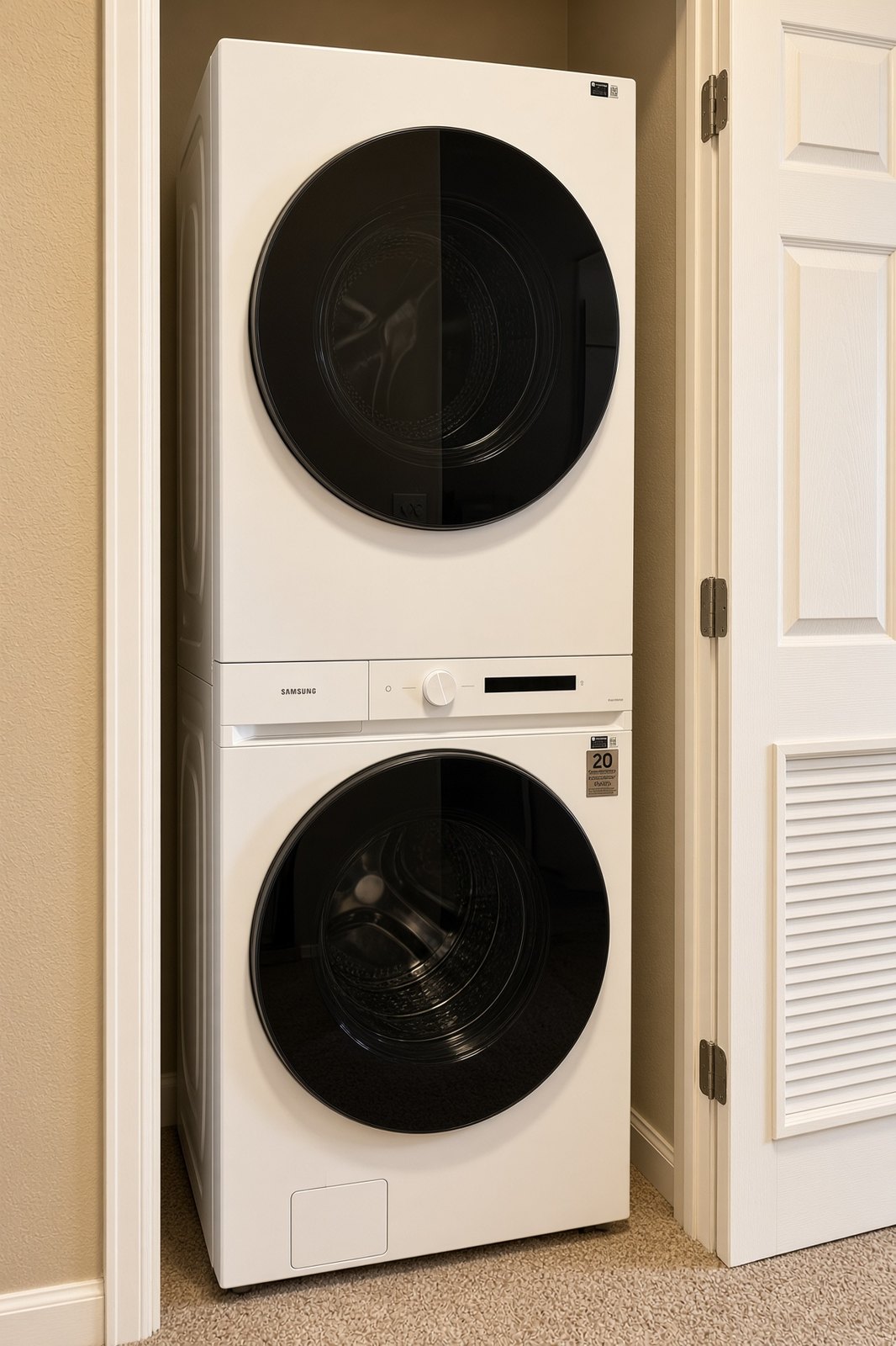 Stacked Samsung washer and dryer in the Fraser vacation rental